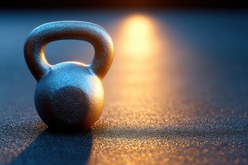 A metallic kettlebell sits on a textured gym floor, illuminated by warm light in a fitness setting.