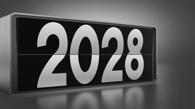 Rotating black flip calendar changing years from 2025 to 2040 - 3D 4k animation (3840x2160 px).