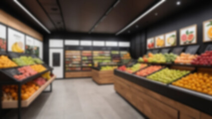 Blurred background of a modern fruit shop, displaying various kinds of fruit neatly displayed on fruit shelves.