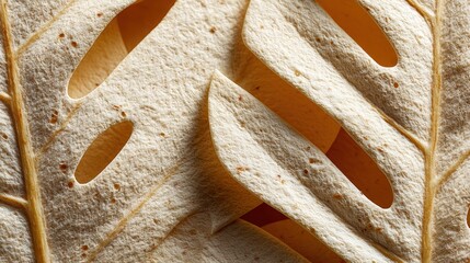 Close-up of a dried, textured leaf showing intricate veins and natural cutouts in a warm, earthy tone.