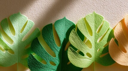 Colorful, textured paper leaves arranged in a row, casting shadows on a beige textured wall.