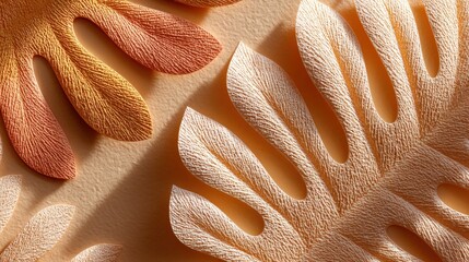 Textured, abstract leaves with cutout shapes lie on a warm, peach-colored background, casting soft shadows for a modern, artistic effect.