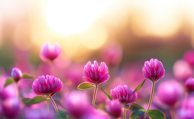 Fototapeta premium Field of blooming pink clover flowers glowing in soft sunrise light with bokeh background. 