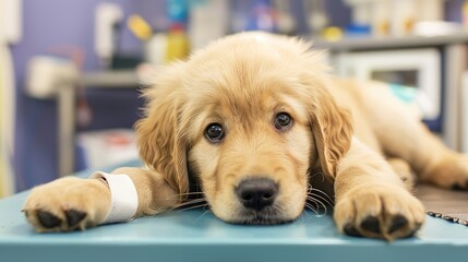 An Adorable Golden Retriever Puppy With Clear, Innocent Eyes Lies on an Examination Table in a Veterinary Clinic&mdash;Looking Calm and Curious, Capturing a Gentle Moment of Pet Healthcare Check-Up