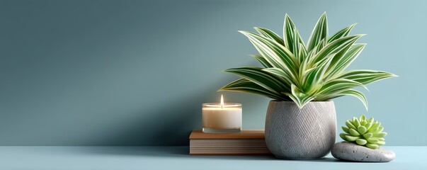 A stylish tabletop with a potted plant, a lit candle, a book, a small succulent, and a stone against a soft blue background.