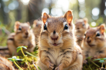 A cheerful and playful group of adorable chipmunks frolicking in the forest, showcasing their cute and lively nature in a delightful and heartwarming scene   