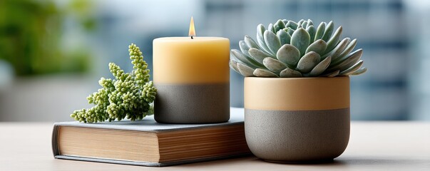 A lit candle, succulent plant in a pot, and a book arranged on a table create a calming, cozy atmosphere.
