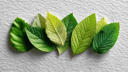 A row of green leaves arranged on a textured white surface, displaying various shapes and shades.