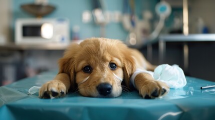An Adorable Golden Retriever Puppy With Clear, Innocent Eyes Lies on an Examination Table in a Veterinary Clinic&mdash;Looking Calm and Curious, Capturing a Gentle Moment of Pet Healthcare Check-Up