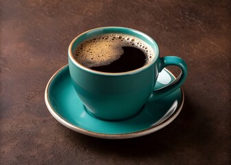 Fototapeta premium The image shows a full cup of dark coffee with foam in a teal ceramic mug, resting on a matching saucer atop a dark-brown textured background.