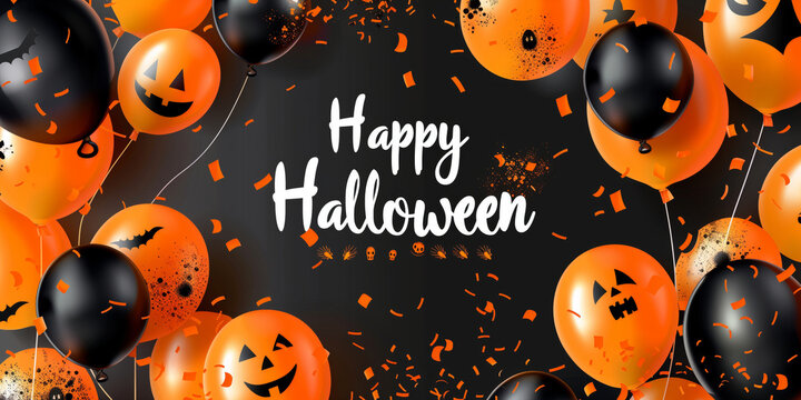 Festive Halloween background with black, orange, and white balloons