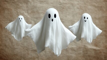 Playful Ghosts with White Fabric and Expressions on Neutral Background