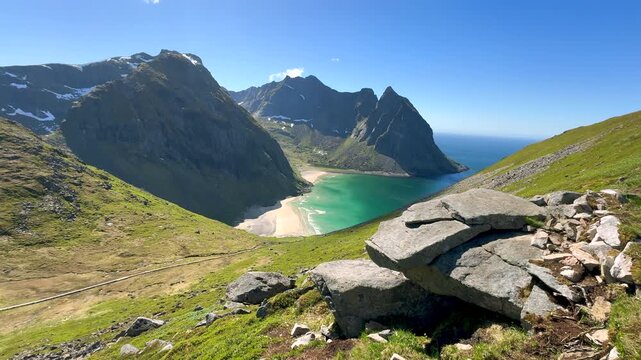 Panoramic summer landscape of Kvalvika Beach on the Lofoten Islands in northern Norway