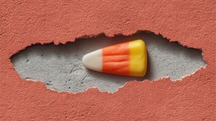 Candy Corn Peeking Through Torn Red Paper on Concrete Background