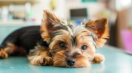 An Adorable Yorkshire Terrier Puppy With Clear, Innocent Eyes Lies on an Examination Table in a Veterinary Clinic&mdash;Looking Calm Yet Curious, Capturing a Gentle Moment of Pet Healthcare Check-Up