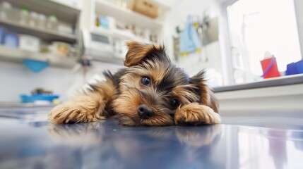 An Adorable Yorkshire Terrier Puppy With Clear, Innocent Eyes Lies on an Examination Table in a Veterinary Clinic&mdash;Looking Calm Yet Curious, Capturing a Gentle Moment of Pet Healthcare Check-Up