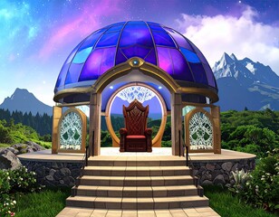 Dome pavilion shelters ornate throne under a starry sky