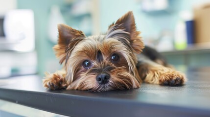 An Adorable Yorkshire Terrier Puppy With Clear, Innocent Eyes Lies on an Examination Table in a Veterinary Clinic&mdash;Looking Calm Yet Curious, Capturing a Gentle Moment of Pet Healthcare Check-Up