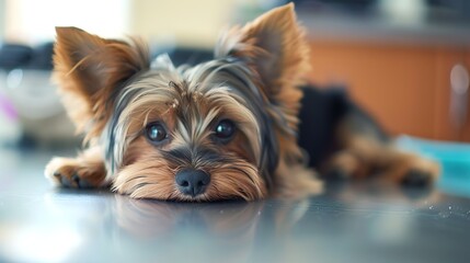 An Adorable Yorkshire Terrier Puppy With Clear, Innocent Eyes Lies on an Examination Table in a Veterinary Clinic&mdash;Looking Calm Yet Curious, Capturing a Gentle Moment of Pet Healthcare Check-Up