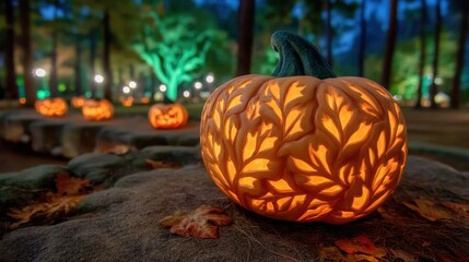 Glowing Pumpkin with Intricate Leaf Carvings in Autumn Forest