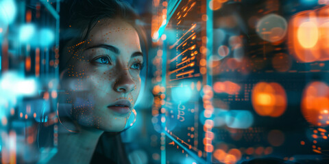 woman and artificial intelligence interface, digital future