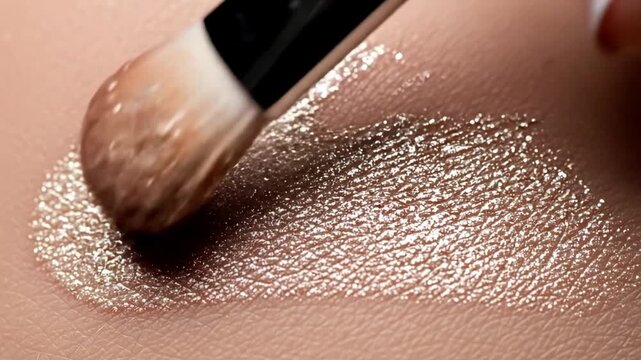Applying shimmering highlighter makeup to skin, creating a radiant glow for beauty tutorials and cosmetic product demonstrations in a modern, trendy style