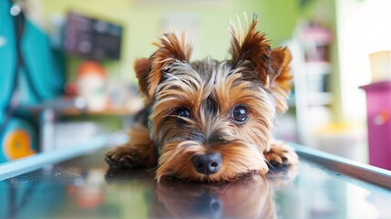An Adorable Yorkshire Terrier Puppy With Clear, Innocent Eyes Lies on an Examination Table in a Veterinary Clinic&mdash;Looking Calm Yet Curious, Capturing a Gentle Moment of Pet Healthcare Check-Up