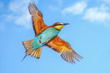 A colorful and majestic bird gracefully gliding through the clear blue sky, perfect for capturing the beauty of nature and wildlife in all its splendor  