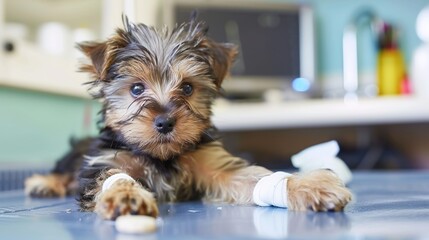 An Adorable Yorkshire Terrier Puppy With Clear, Innocent Eyes Lies on an Examination Table in a Veterinary Clinic&mdash;Looking Calm Yet Curious, Capturing a Gentle Moment of Pet Healthcare Check-Up