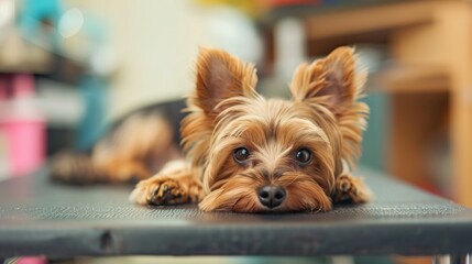 An Adorable Yorkshire Terrier Puppy With Clear, Innocent Eyes Lies on an Examination Table in a Veterinary Clinic&mdash;Looking Calm Yet Curious, Capturing a Gentle Moment of Pet Healthcare Check-Up