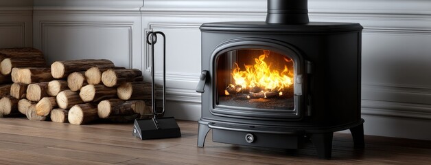 Cozy indoor setting with a wood stove and stacked logs, providing warmth and ambiance in a stylish living space during winter