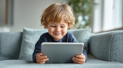 Smiling young boy sitting on a sofa, using a digital tablet at home in natural daylight, focused and enjoying screen time in a relaxed indoor environment.