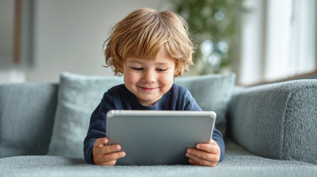 Smiling young boy sitting on a sofa, using a digital tablet at home in natural daylight, focused and enjoying screen time in a relaxed indoor environment.