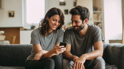 Woman and man sit side by side in modern living room,holding smartphone while smiling,copy space