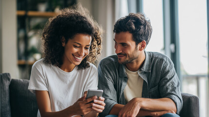 Woman and man sit side by side in modern living room,holding smartphone while smiling,copy space