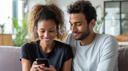 Woman and man sit side by side in modern living room,holding smartphone while smiling,copy space