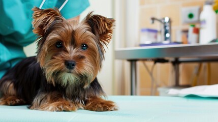An Adorable Yorkshire Terrier Puppy With Clear, Innocent Eyes Lies on an Examination Table in a Veterinary Clinic&mdash;Looking Calm Yet Curious, Capturing a Gentle Moment of Pet Healthcare Check-Up