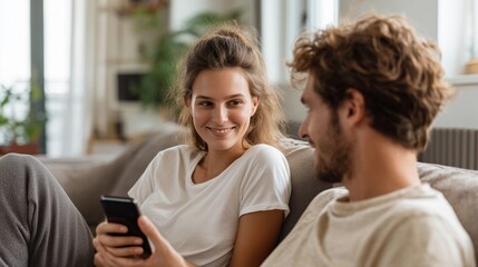 Woman and man sit side by side in modern living room,holding smartphone while smiling,copy space