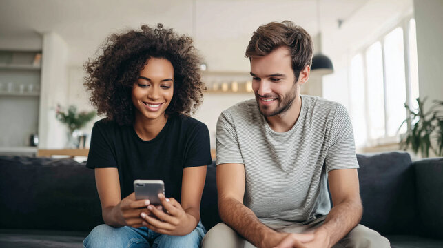 Woman and man sit side by side in modern living room,holding smartphone while smiling,copy space