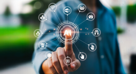 persons finger touches a glowing ai icon in the center of a network of interconnected digital icons representing various technologies and services, symbolizing artificial intelligence