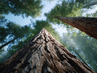 Majestic, low angle perspective looking up through a dense forest canopy. Giant trees reach towards the sky, symbolizing strength, growth, nature, and environmental awareness.