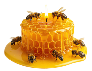 Rendered image of a honeycomb candle encircled by numerous animated honeybees on a transparent backdrop