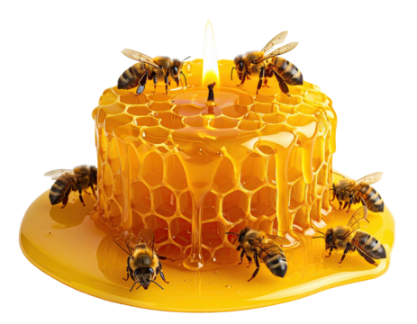 Rendered image of a honeycomb candle encircled by numerous animated honeybees on a transparent backdrop