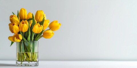 Yellow tulip flowers in clear glass vase,white background,natural daylight,copy space,web banner.