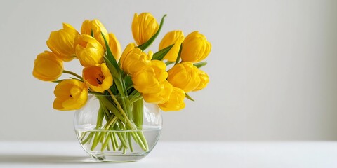 Yellow tulip flowers in clear glass vase,white background,natural daylight,copy space,web banner.
