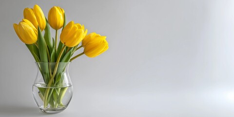 Yellow tulip flowers in clear glass vase,white background,natural daylight,copy space,web banner.