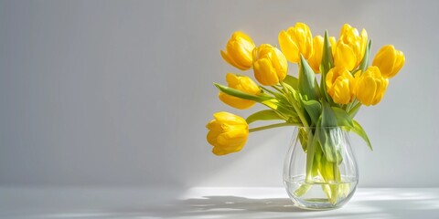 Yellow tulip flowers in clear glass vase,white background,natural daylight,copy space,web banner.