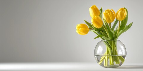 Yellow tulip flowers in clear glass vase,white background,natural daylight,copy space,web banner.