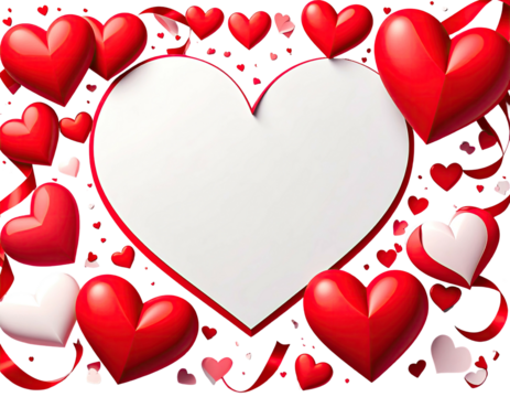 An illustration depicting a large white heart surrounded by red hearts with ribbon on a black background