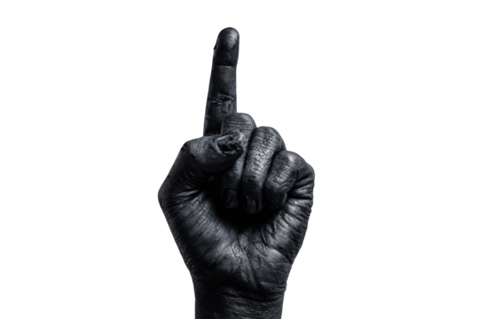 A hand, dark and textured, points upward